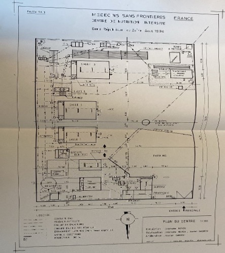 "1984 site plan of a Médecins Sans Frontières nutrition center in France, showing room layout, entrances, and construction types