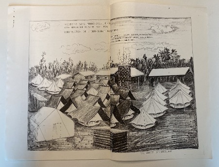 The image shows a black-and-white illustration of a camp with many tents in the foreground, wooden buildings in the background, and trees behind them. Some partially obscured text appears at the top.